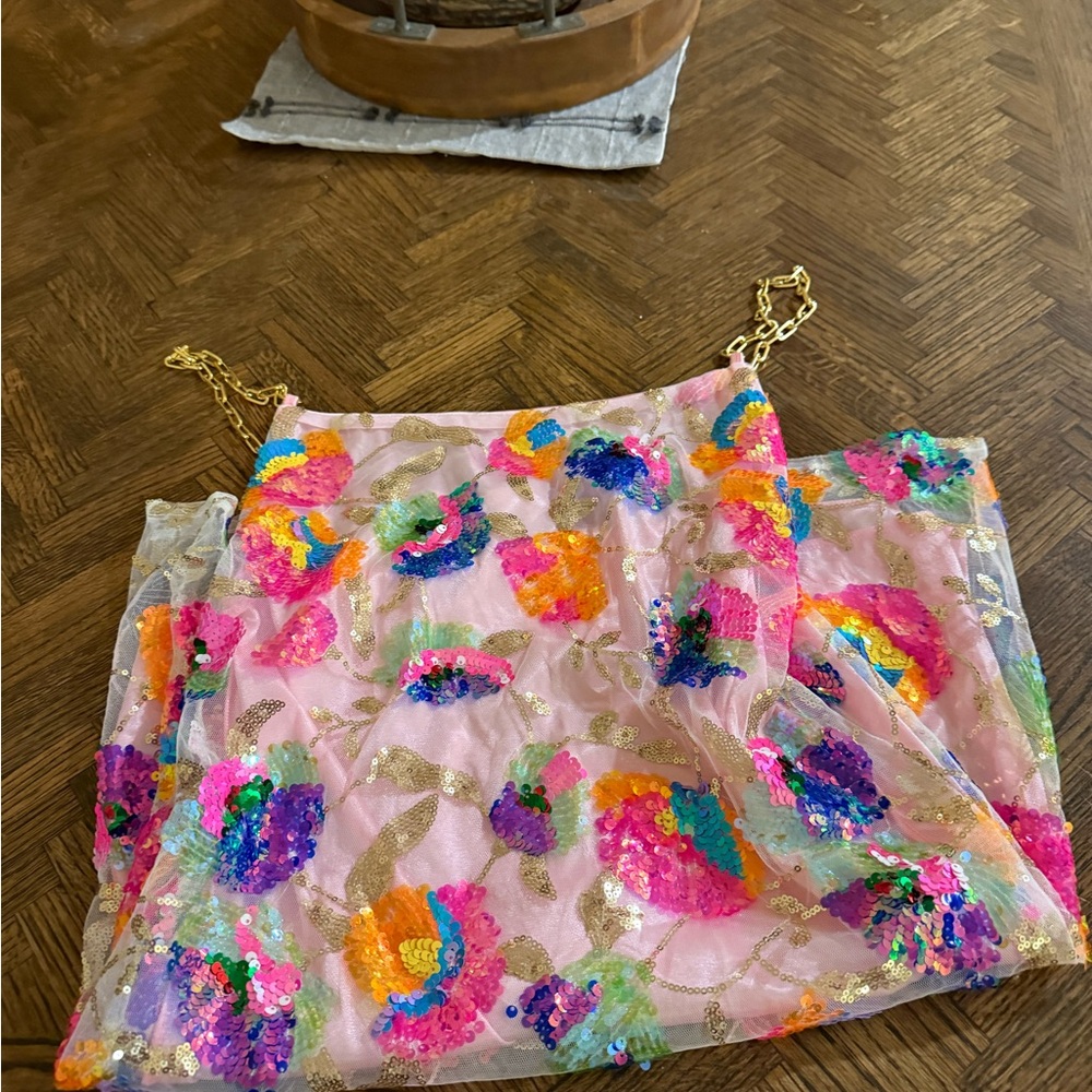 Colorful Sequin Dress with Gold Chain Straps